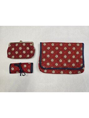 Vintage Red Floral Quilted Travel Organizer Set Mirror Coin Purse Jewelry Holder